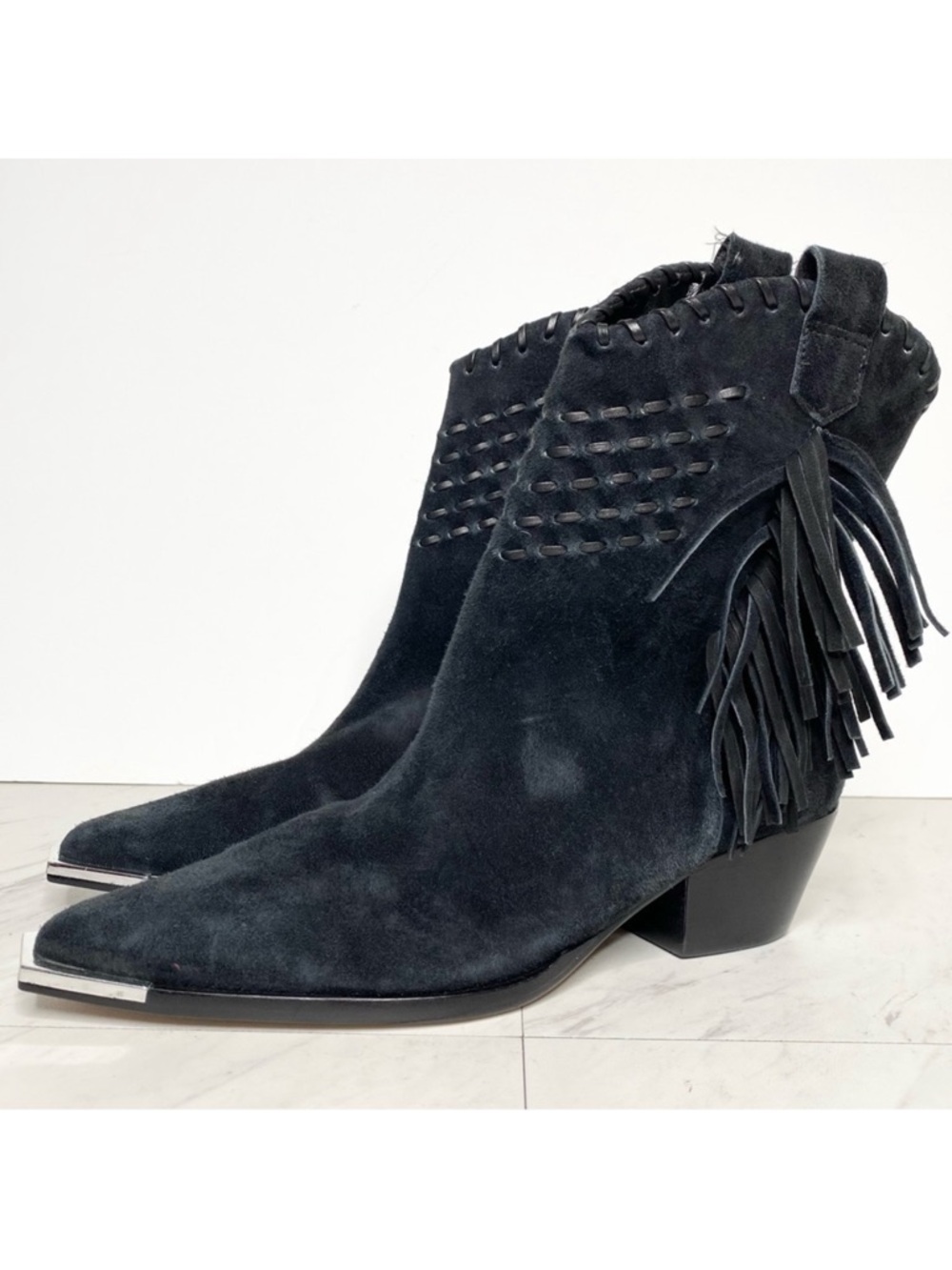New! Schutz Alexxa Black Suede Fringe Western Bootie 6 1/2